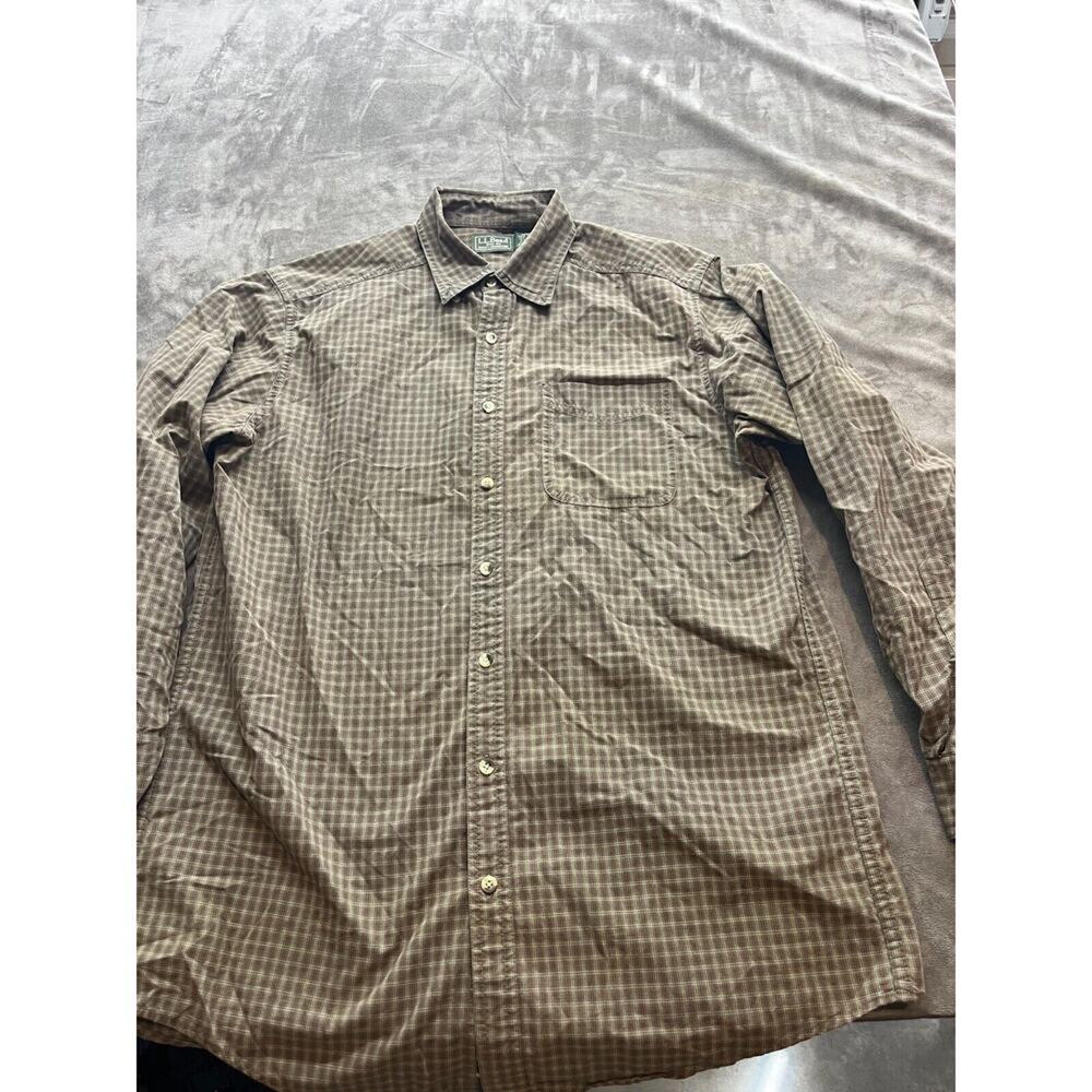 LL Bean Shirt Mens Medium Tall Cotton Brown Plaid Long Sleeve‎